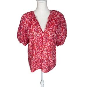 House of Harlow 1960 Pink Red Abstract Floral Puff Sleeve Cotton Blouse Small